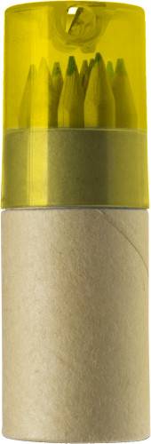 12 pastelek, ořezávátko v papírové tubě, žlutá