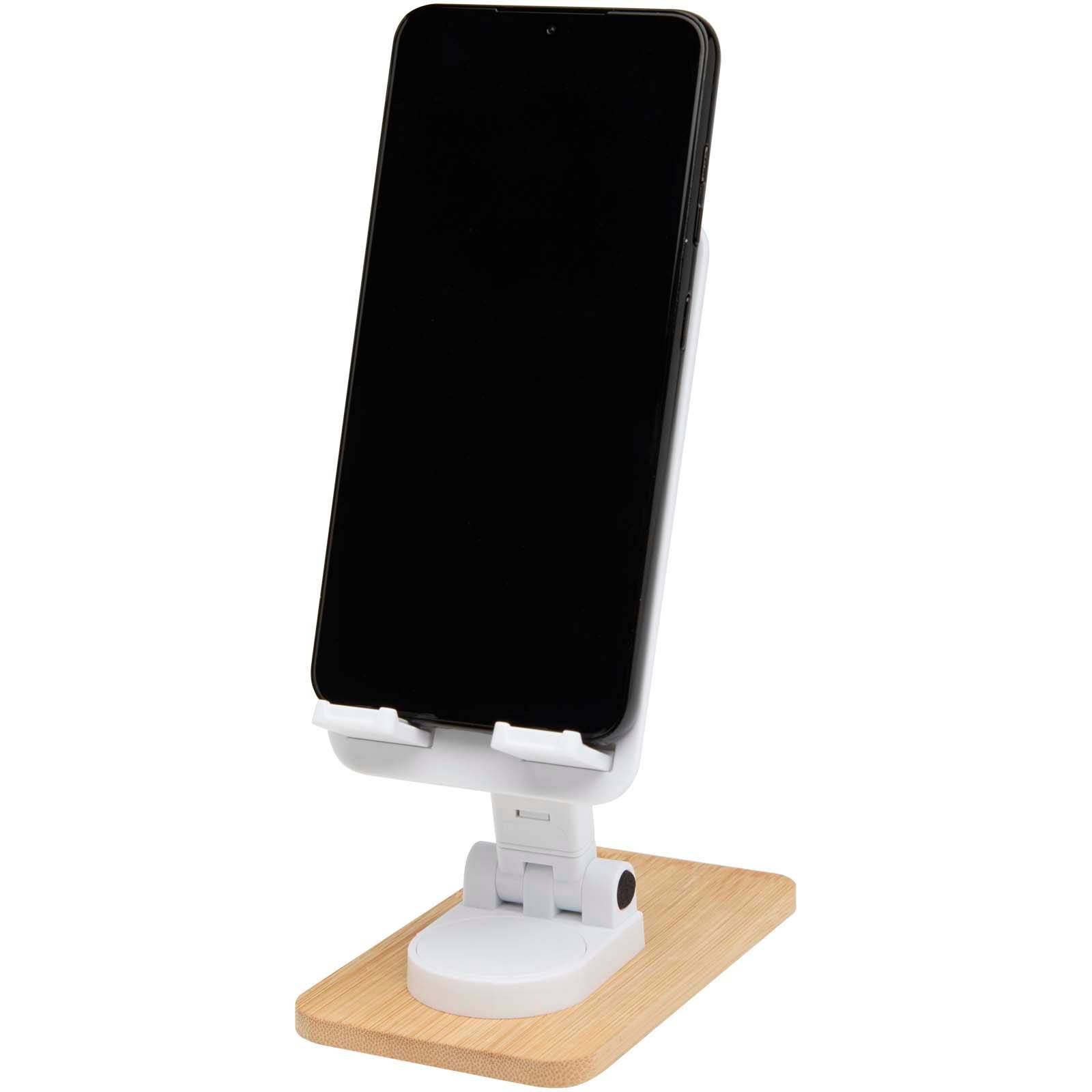 Alfirk skladací stojan na telefón z recykl. plastu s bambusovými detailmi, biela