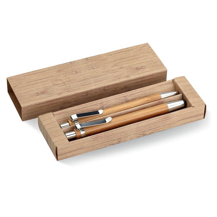 BAMBOOSET sada guličkového pera a mikroceruzky z bambusu, modrá náplň