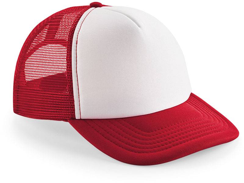 Beechfield | B645B, Detská 5 panelová polyester. sieťovaná šiltovka, červená Classic - biela