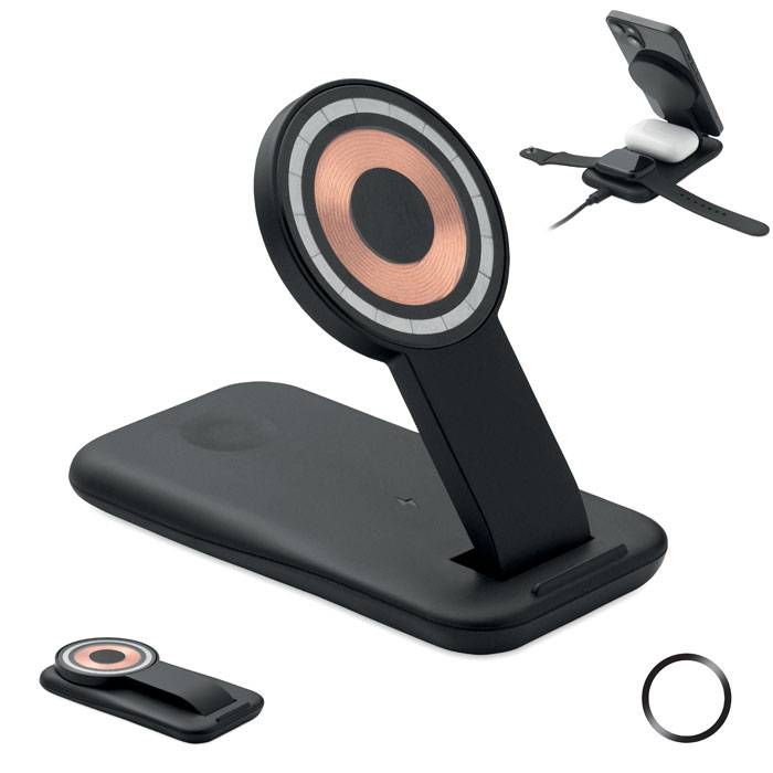 Bezdrôtová 15W nabíjačka 3v1, čierna