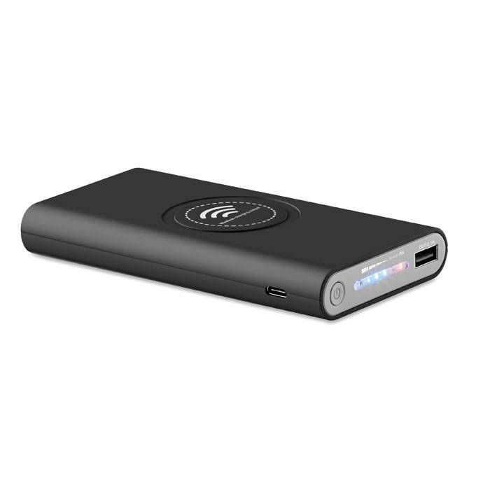 Bezdrôtová nabíjacia powerbanka 8000 mAh s pogumovaným povrchom, čierna