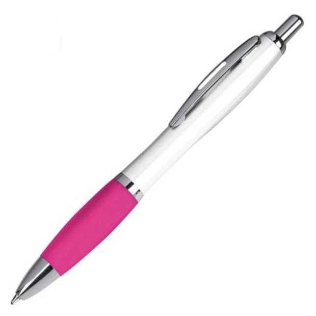 Biele plastové guľôčkové pero s modrou náplňou a ružovým klipom Biele plastové guľôčkové pero s modrou náplňou a ružovým klipom