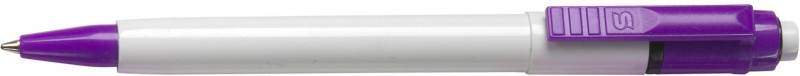 Bílé plastové pero s barvou na špičce a na klipu, modrá náplň, bílá / fialová.