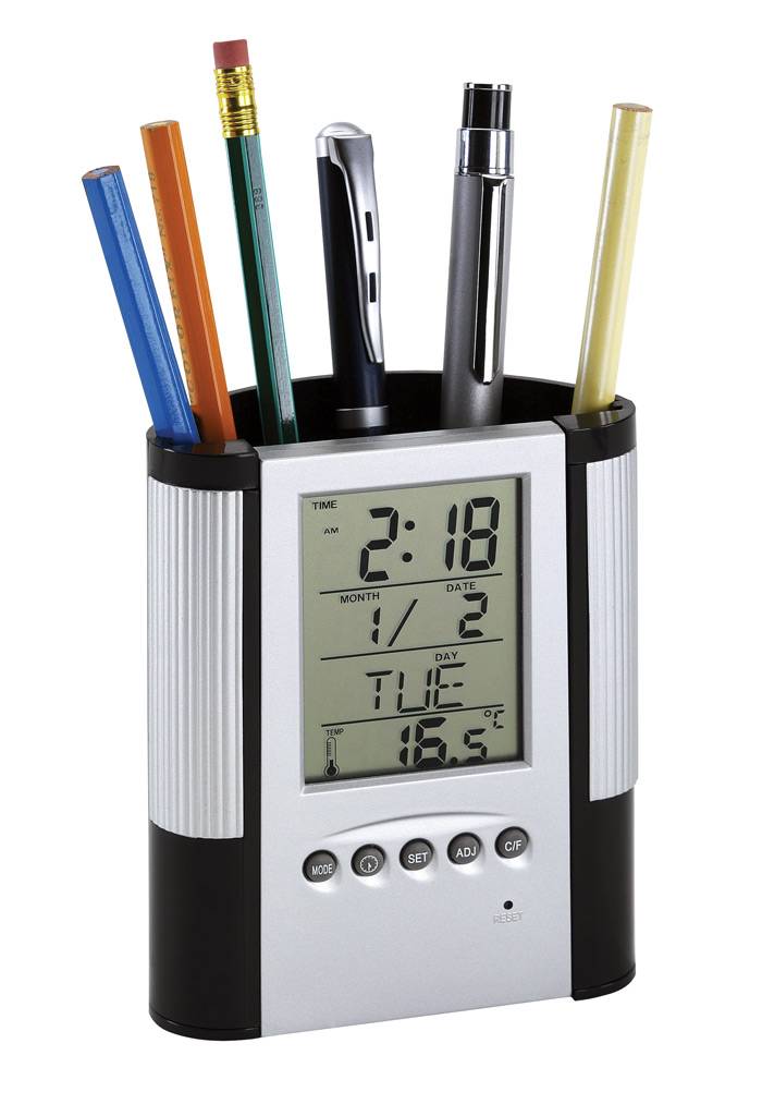 Budík i stojan na pera s kalendářem a teploměrem, stříbrná černá