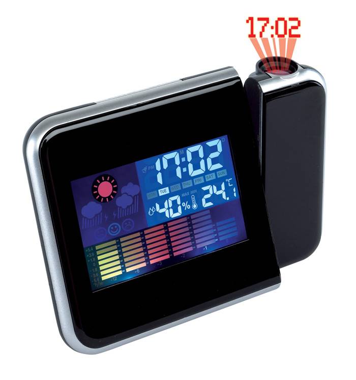 Budík s meteostanicí a projektorem času, LCD displej, černá