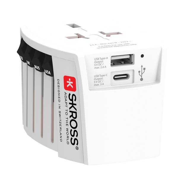 Cestovný adaptér SKROSS World MUV 2-pole s USB A a C, biela Cestovný adaptér SKROSS World MUV 2-pole s USB A a C, biela
