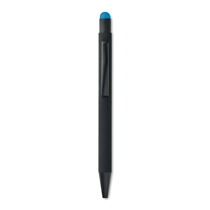 Čierne hliníkové guľôčkové pero, vylaserované logo je rovnakej farby ako stylus modrá náp, tyrkysové