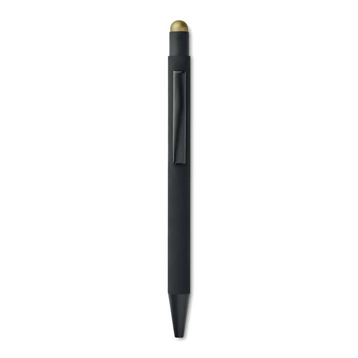 Čierne hliníkové guľôčkové pero,vylaserované logo je rovnakej farby ako stylus, modrá náplň, zlatá