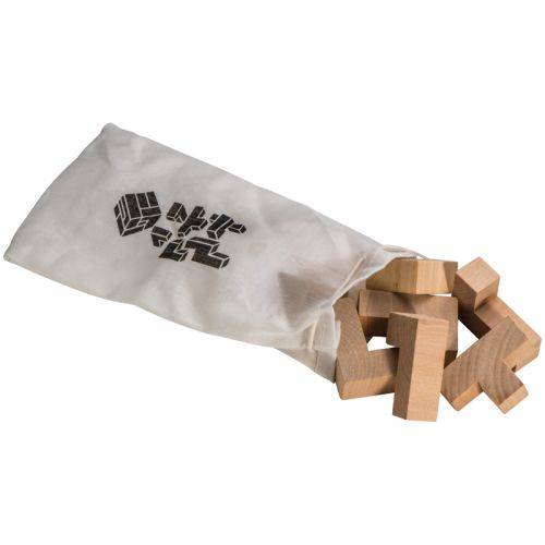 Dřevěný hlavolam v bavlněném pytlíku