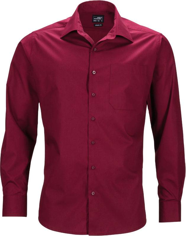 James & Nicholson | JN 642, Popelínová business košeľa s dl. rukávom, červená Wine, 3XL