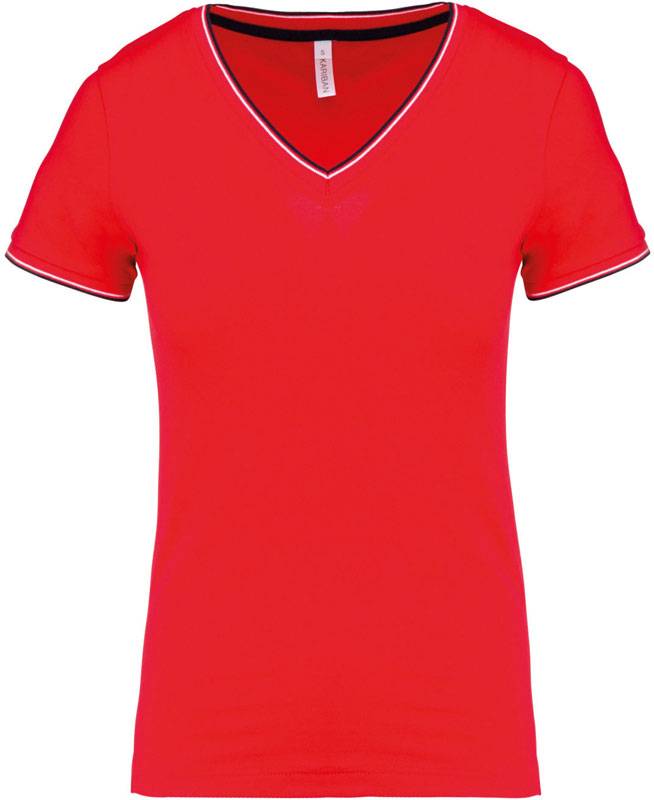Kariban | K394, Dámske piqué tričko s V výstrihom, červená - modrá Navy - biela, XL