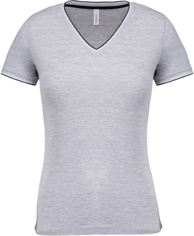 Kariban | K394, Dámske piqué tričko s V výstrihom, sivá Oxford - modrá Navy - biela, XXL