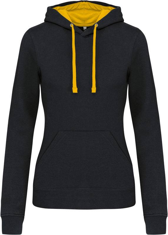 Kariban | K465, Dámska mikina s kontrastná kapucňou, čierna - žltá, S