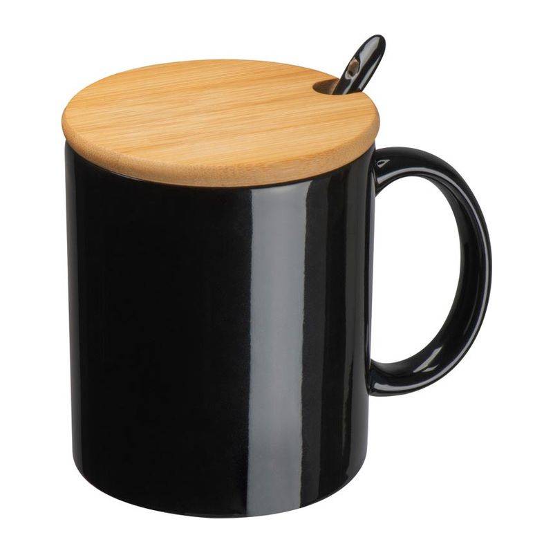 Keramický hrnek se lžičkou a bambusovým víčkem, 300ml černá