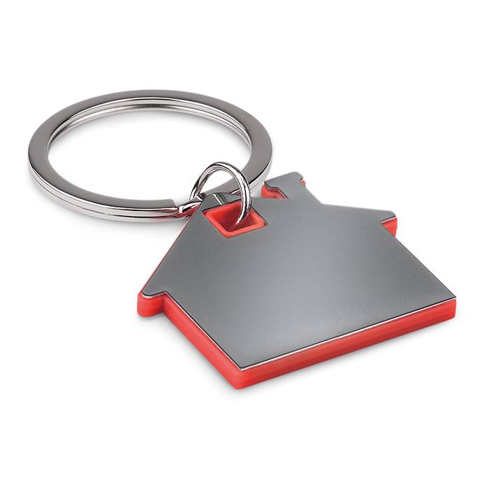 Kľúčenka, tvar dom, materiál kov a plast, červená