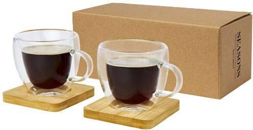 Manti Skleněný šálek 2ks s dvojitou stěnou a bambusovým podšálkem, 100ml, hnědá