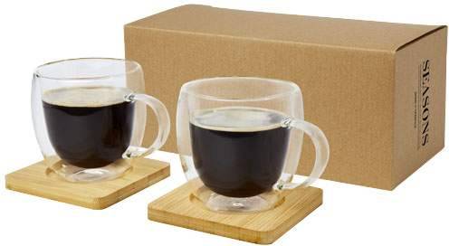 Manti Skleněný šálek 2ks s dvojitou stěnou a bambusovým podšálkem, 250ml, hnědá