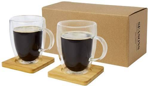 Manti Skleněný šálek 2ks s dvojitou stěnou a bambusovým podšálkem, 350ml, hnědá