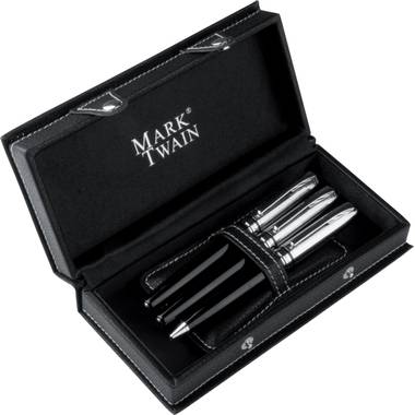 Mark Twain Písacia súprava, guľôčkové pero, roller a plniace pero, modrá náplň, čierna
