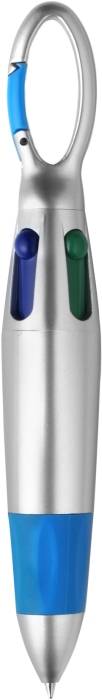 Multifunkčné plastové pero,gumová rukoväť,kovová karabína,modrá