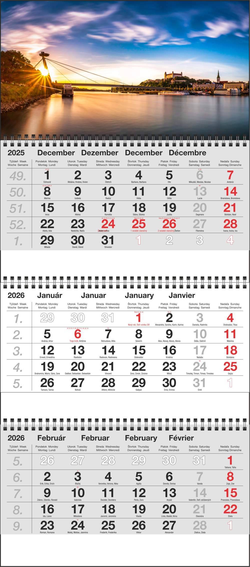 Nástenný 3M kalendár 2026, Maxi sivý, Bratislava