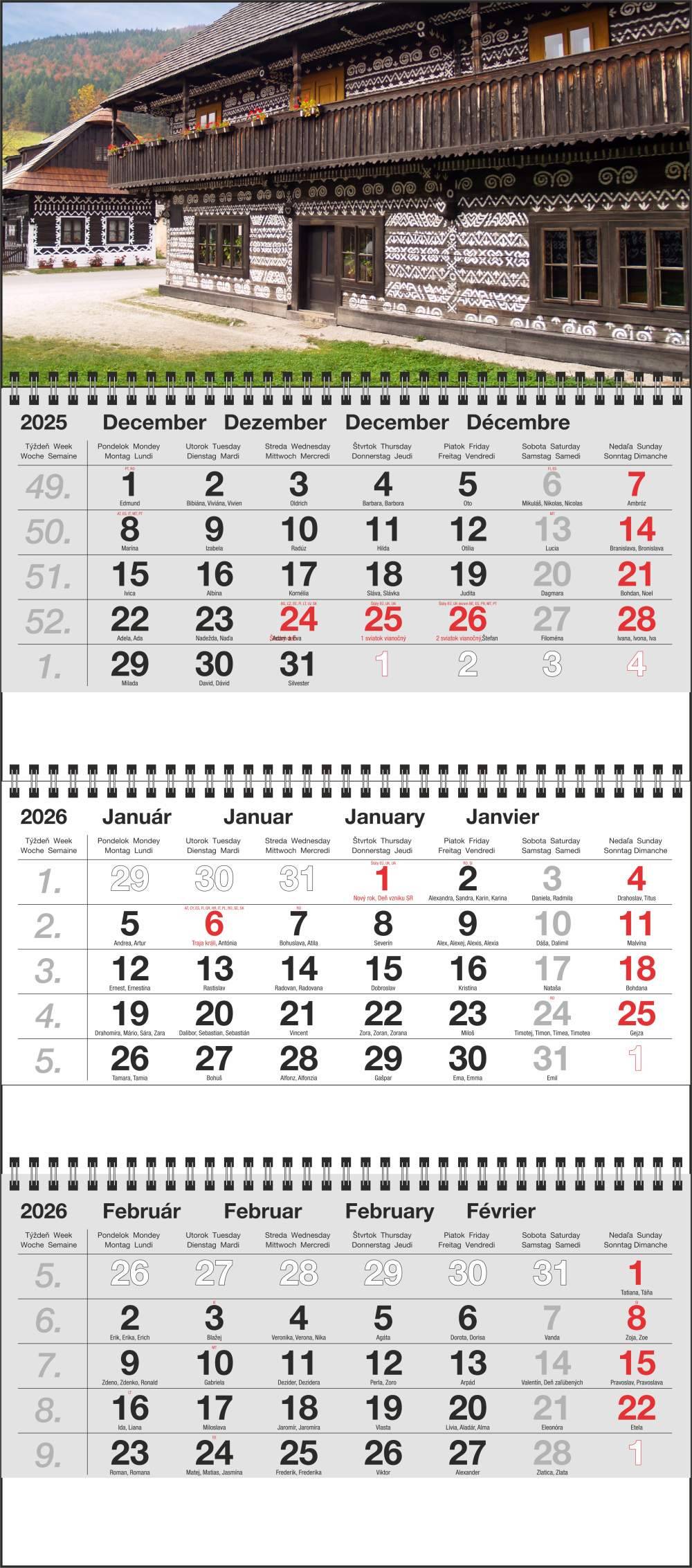 Nástenný 3M kalendár 2026, Maxi sivý, Čičmany