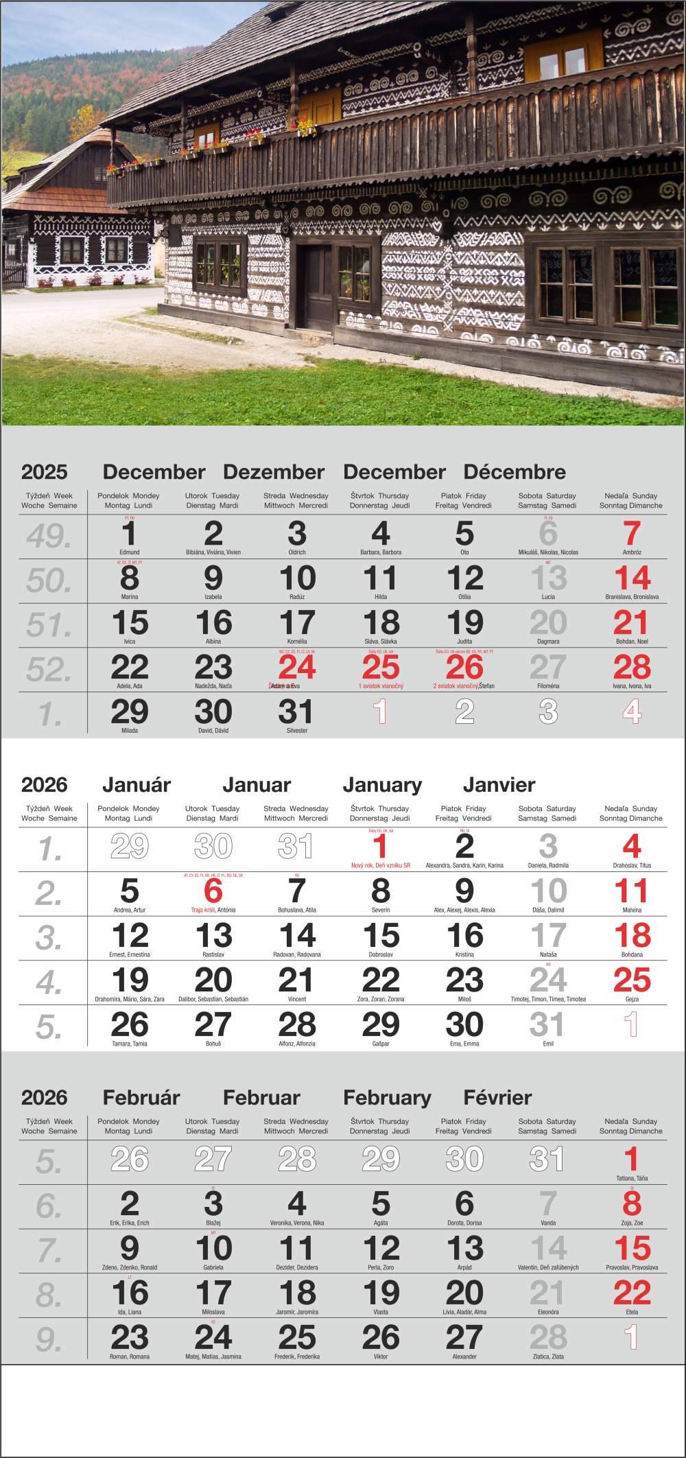 Nástenný 3M kalendár 2026, Štandard sivý, Čičmany