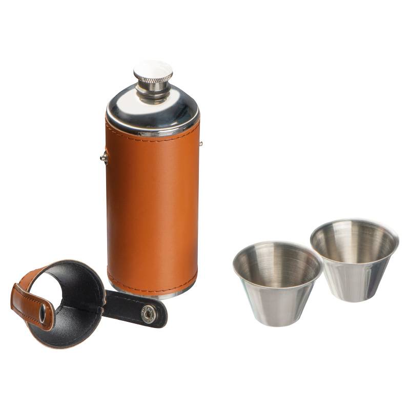 Nerezová láhev se 2 skleničkami, hnědá