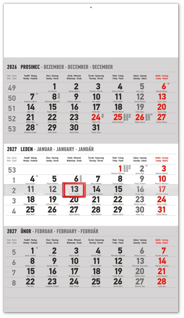 NOTIQUE Nástěnný kalendář 3měsíční standard šedý – s českými jmény 2027, 29,5 x 43 cm