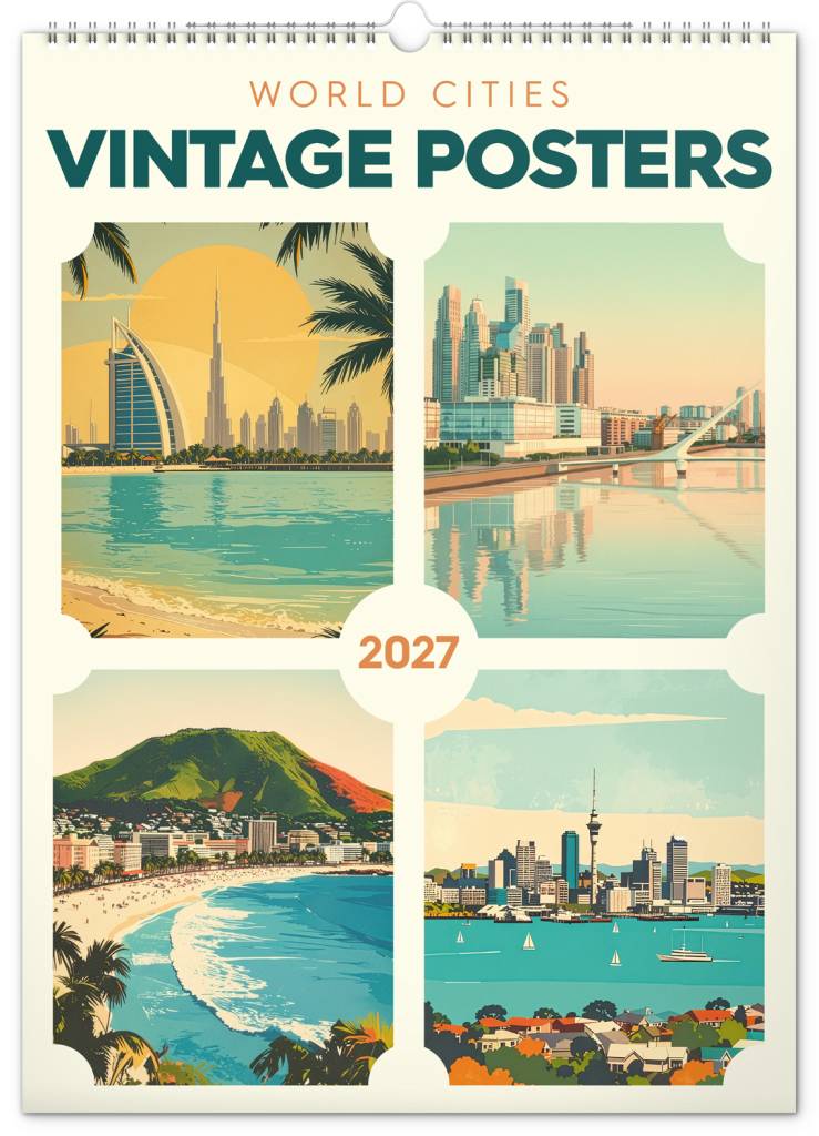 NOTIQUE Nástěnný kalendář Vintage plakáty – světová města 2027, 33 x 46 cm