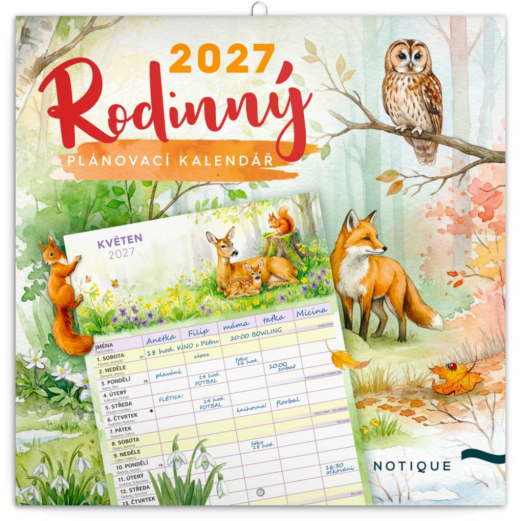 NOTIQUE Rodinný plánovací kalendář Zvířátka z lesa 2027, 30 x 30 cm