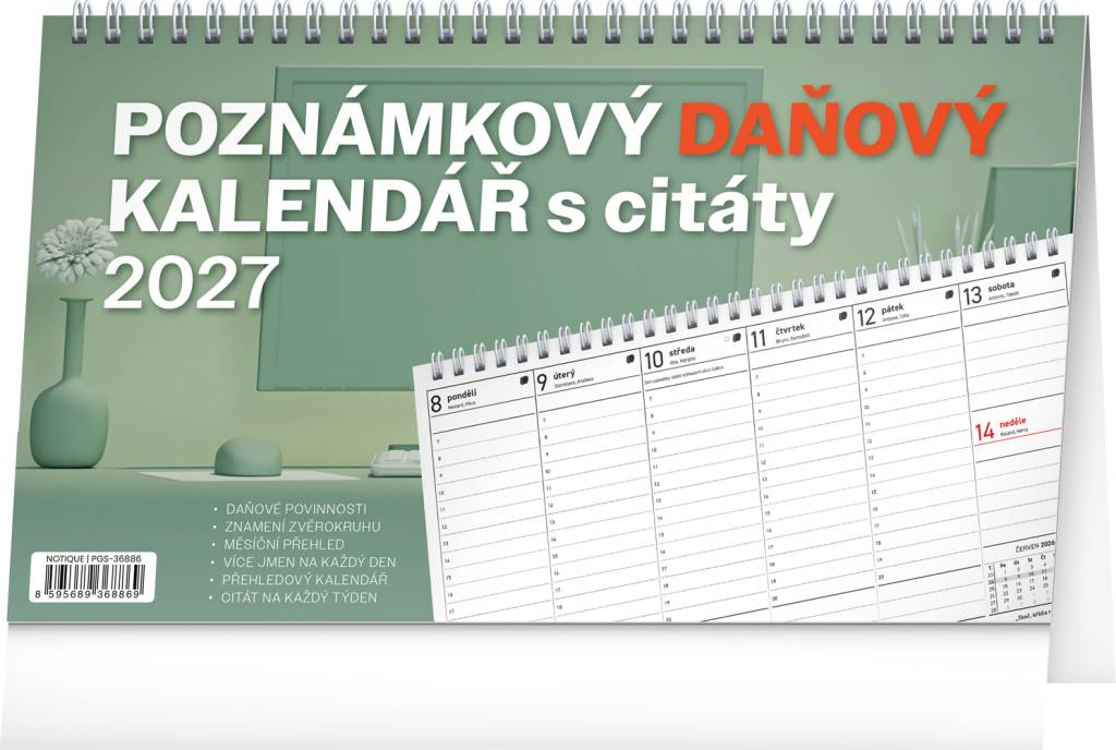 NOTIQUE Stolní kalendář Poznámkový daňový s citáty CZ 2027, 25 x 14,5 cm