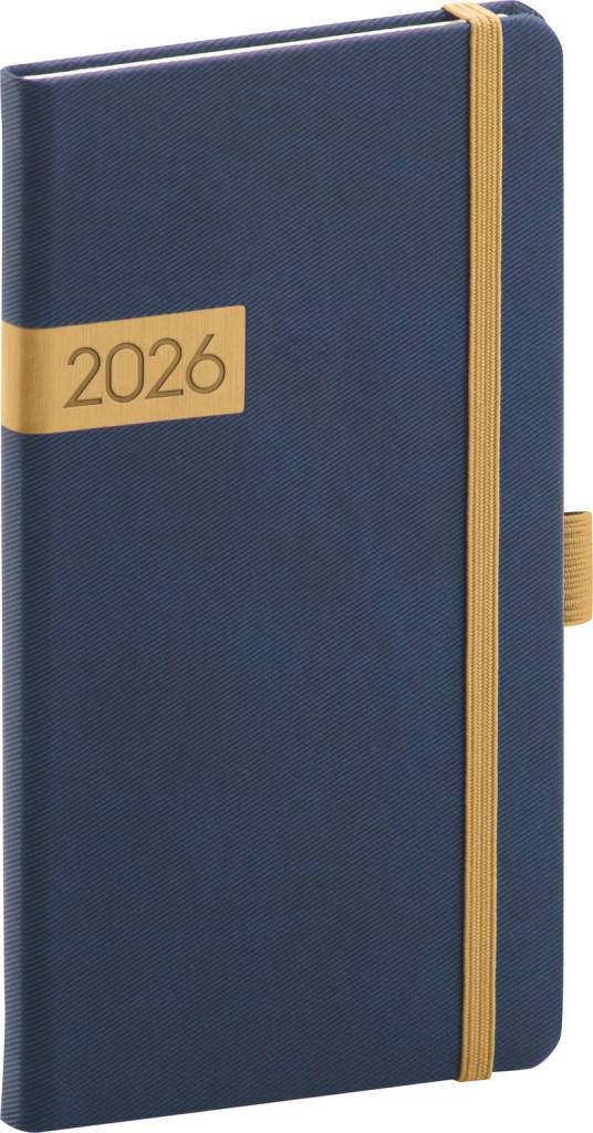 NOTIQUE Vreckový diár Twill 2026, modro-zlatý, 9 x 15,5 cm