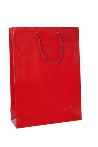 Paper bag red (P 185 C), 24x9x35cm glossy lamination, cotton handles red