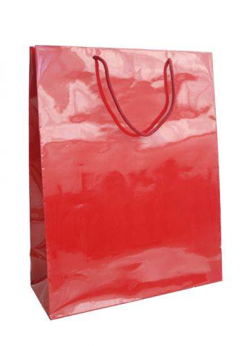 Paper bag red (P 185 C), 32x13x42cm, glossy lamination, cotton handles red