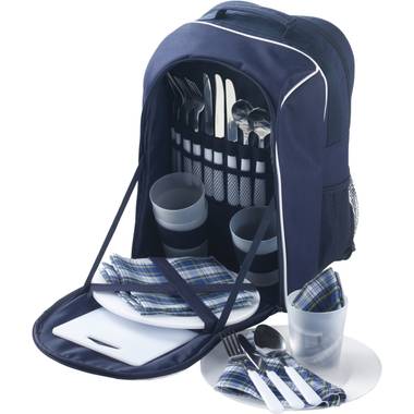 Piknikový batoh s plastovým nádobím, pro 4 osoby, 25 ks, modrá