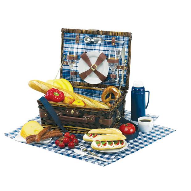 Piknikový kôš s porcelánovým riadom, modrá biela Piknikový kôš s porcelánovým riadom, modrá biela