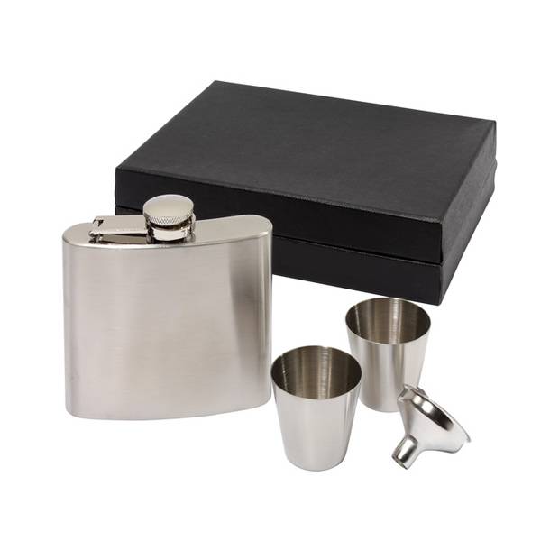 Ploskačka s lievikom a 2 pohárikmi, 150 ml, strieborná Ploskačka s lievikom a 2 pohárikmi, 150 ml, strieborná