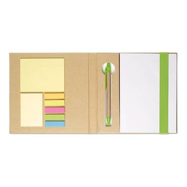 Recyklovaný zápisník s perom, blokom a note-it, zelená