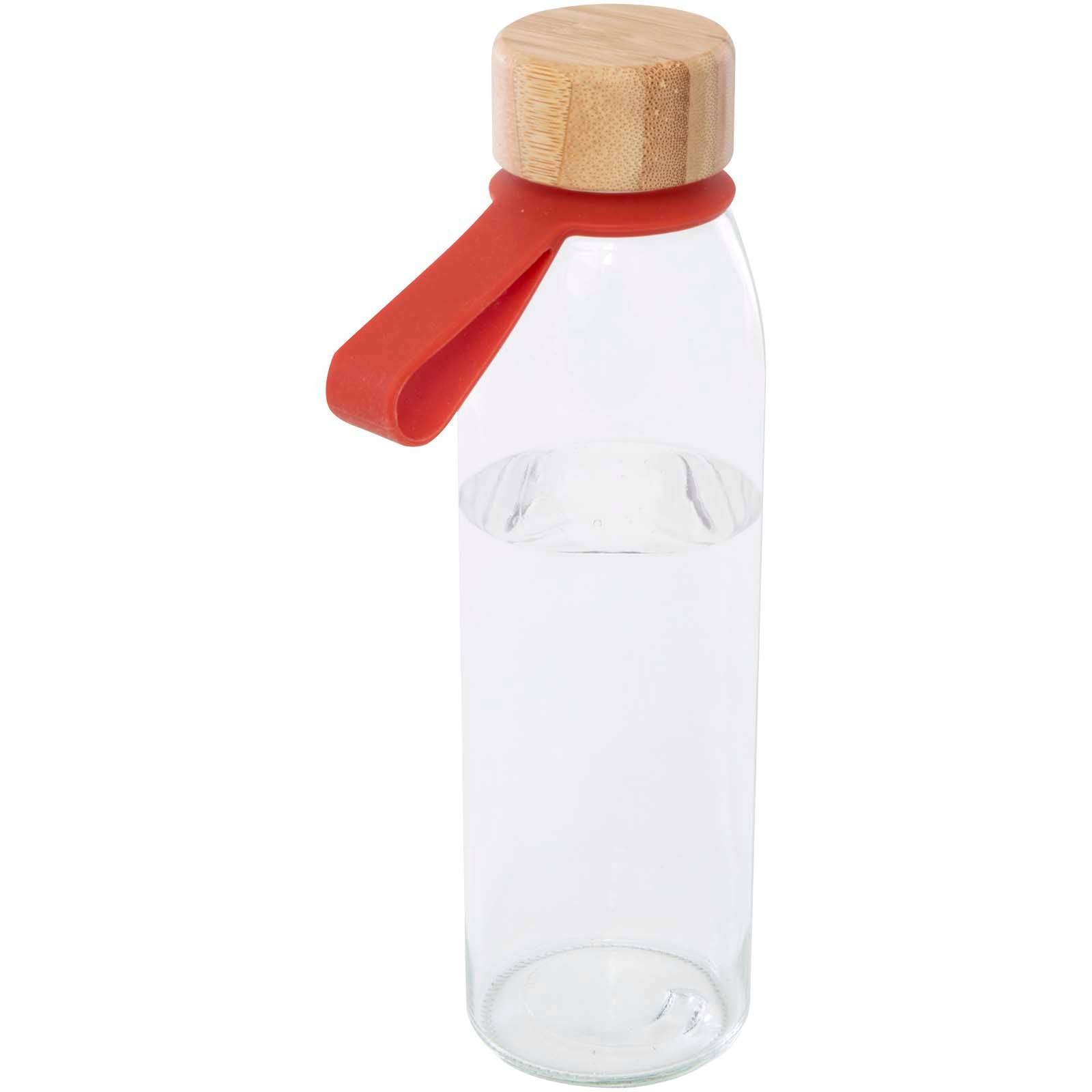 Sklenená fľaša na vodu Porto 500 ml, silikónovou rukoväťou a bambusovým viečkom, červená Brick