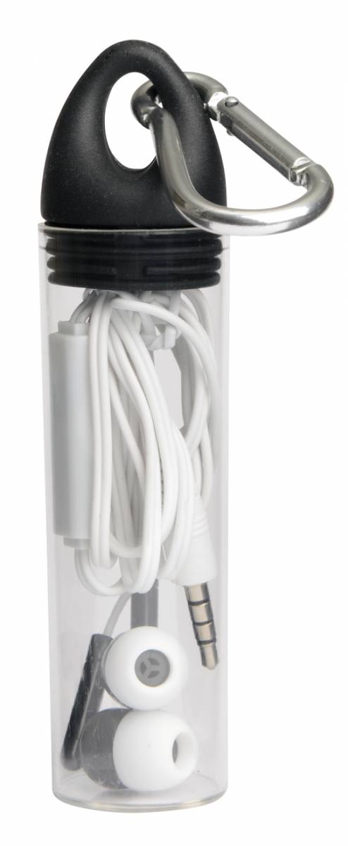 Slúchadlá do uší v krabičke s karabínou, čierna