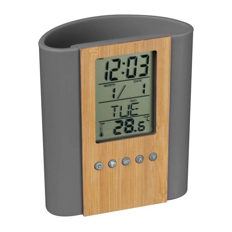 Stolový držiak na perá s hodinami, sivá