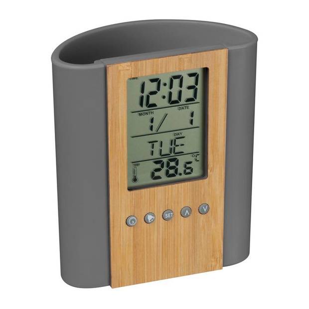 Stolový držiak na perá s hodinami, sivá Stolový držiak na perá s hodinami, sivá