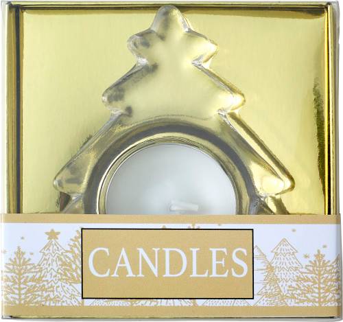 Svícen ve tvaru stromku, se svíčkou, zlatá krabička