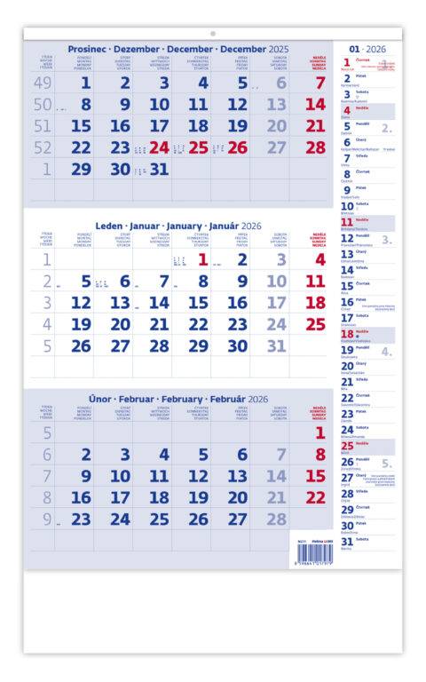 Trojmesačný kalendár modrý s poznámkami, 2026