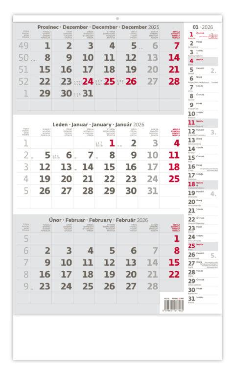 Trojmesačný kalendár sivý s poznámkami, 2026