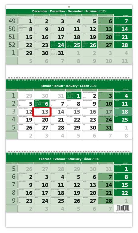 Trojmesačný kalendár zelený so spirálou, 2026