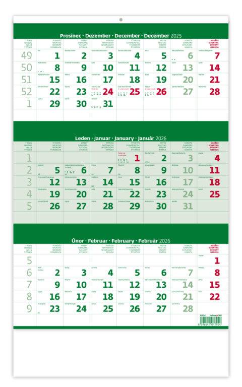 Trojmesačný kalendár zelený, 2026 - CZ kalendárium