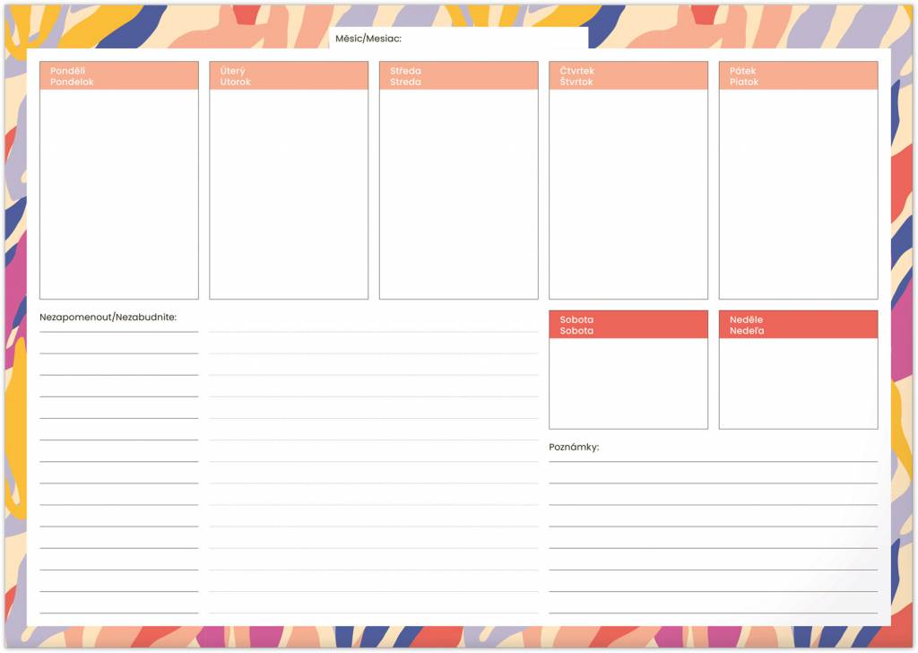 Týždenná nedatovaná plánovacia podložka Listy, 42 × 29,7 cm